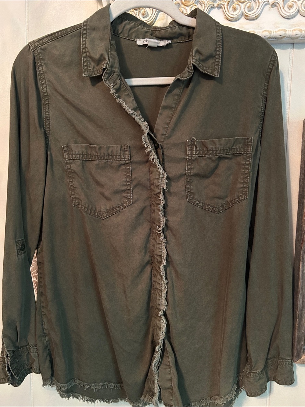 Chico's Olive Green Frayed-Edge Button-Down Shirt